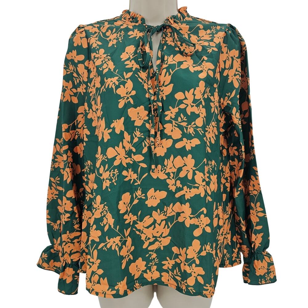 Cupshe Womans size M Satin Floral Green Orange Split Neck Poet Sleeve Blouse NEW